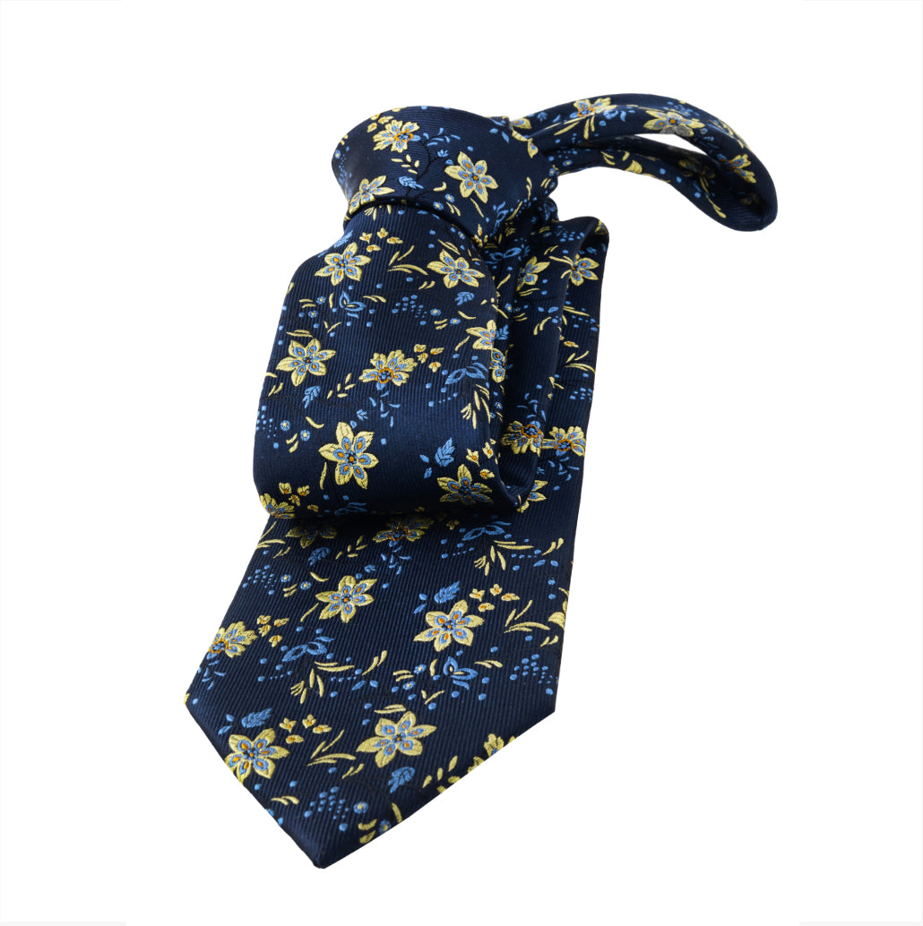 Navy, Yellow & Light Blue Floral Silk Tie  | Wedding Floral Silk Tie 