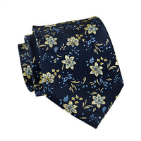 Navy, Yellow & Light Blue Floral Silk Tie | Wedding Floral Silk Tie 