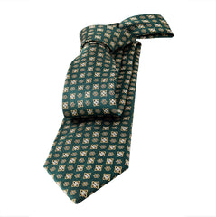 Green, Silver & Gold Geometric Foulard Patterned Silk Tie 