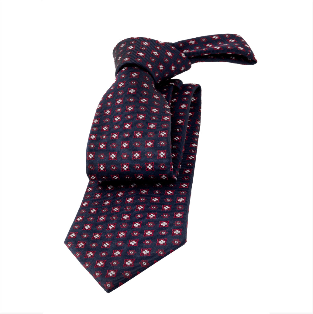Navy, Red & Silver Geometric Foulard Patterned Silk Tie 