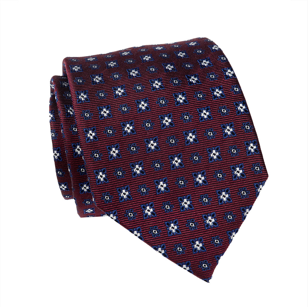 Red, Navy & Silver Geometric Foulard Patterned Silk Tie 