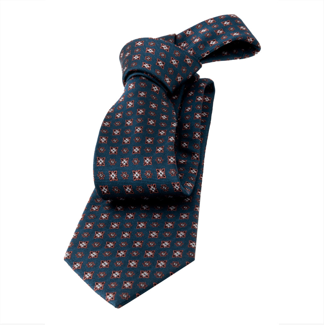Turquoise, Rust Orange & Silver Geometric Foulard Patterned Silk Tie 