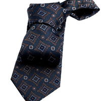 Navy, Brown & White Geometric Foulard Silk Tie