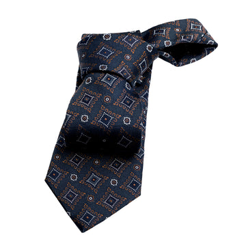 Navy & Brown Geometric Foulard Silk Tie 