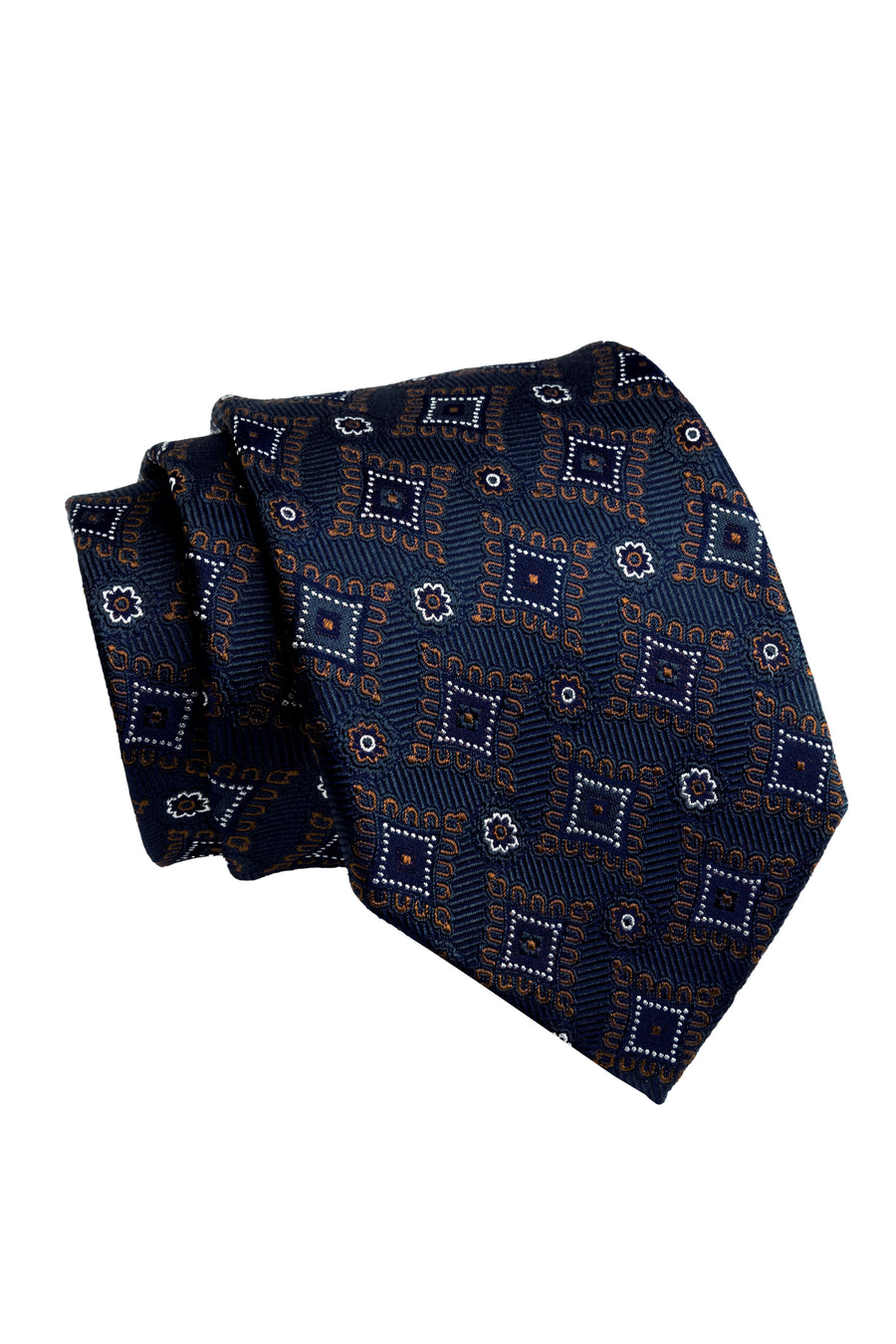 Navy, Brown & White Geometric Foulard Silk Tie