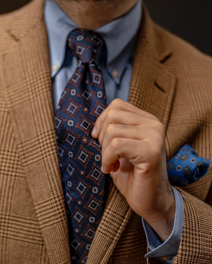 Navy & Brown Geometric Foulard Silk Tie