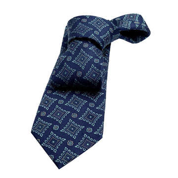 Navy & Turquoise Geometric Foulard Silk Tie 