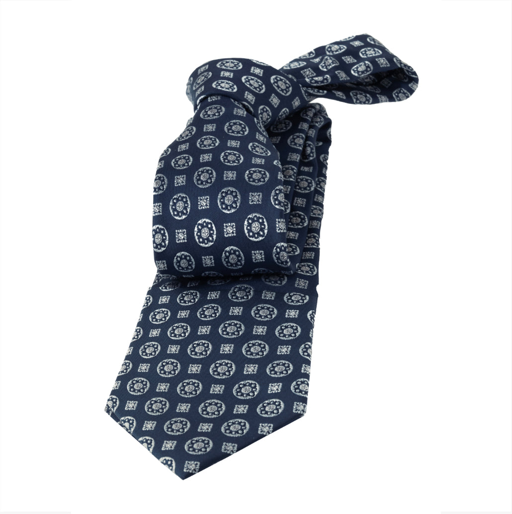 Navy & Silver Geometric Foulard Patterned Silk Tie