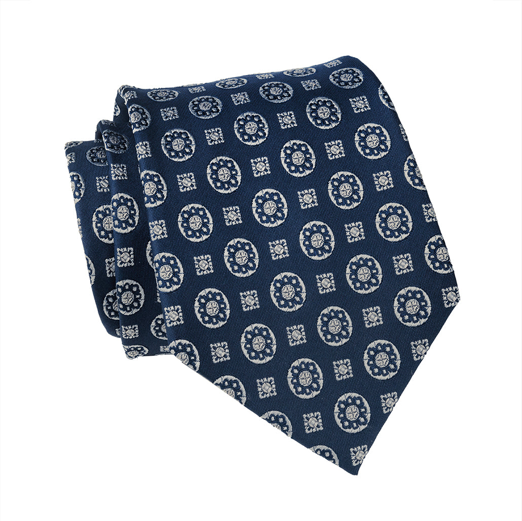 Navy & Silver Geometric Foulard Patterned Silk Tie