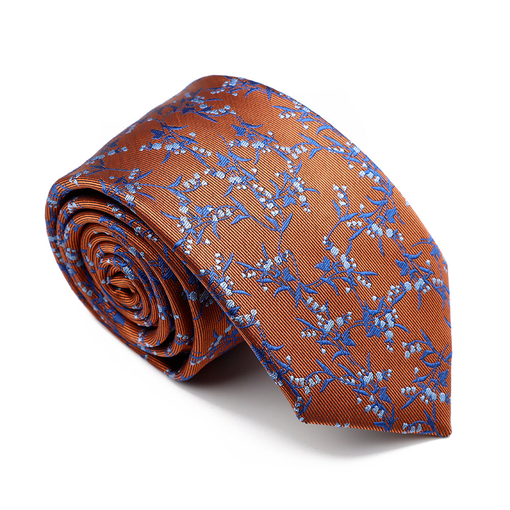 Rust Orange, Blue & Light Blue Floral Polyester Tie