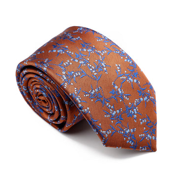 Rust Orange, Blue & Light Blue Floral Polyester Tie