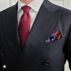 Navy Geometric Foulard Patterned Silk Tie & Silk Pocket Square 