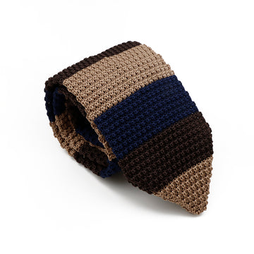 Cream, Navy & Brown Striped Knit Tie | Striped Knitted Tie 