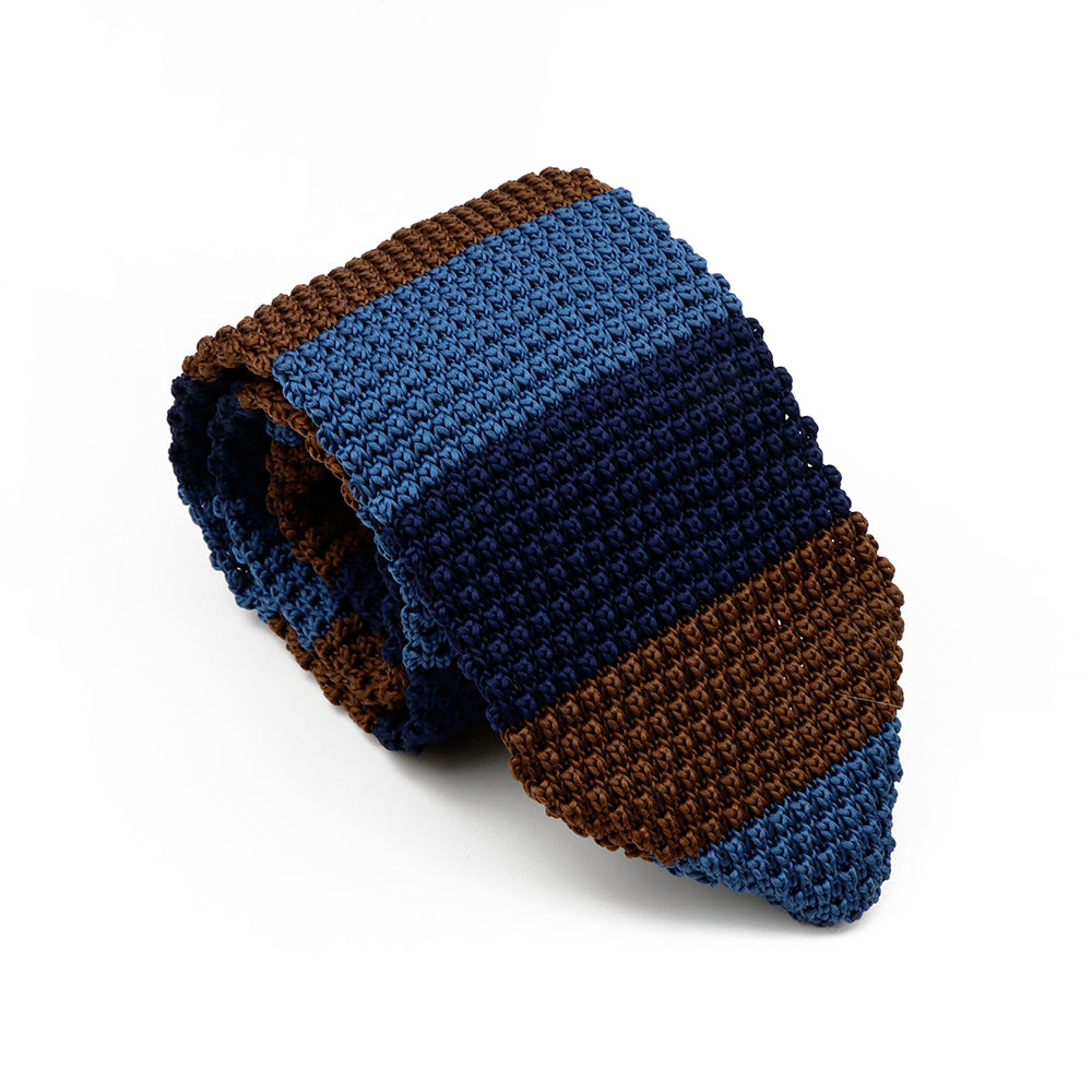 Navy, Light Blue & Brown Striped Knit Tie | Striped Knitted Tie