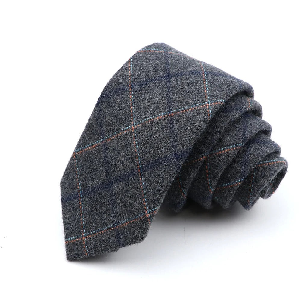 Grey Plaid Skinny Cotton Blend Tie 