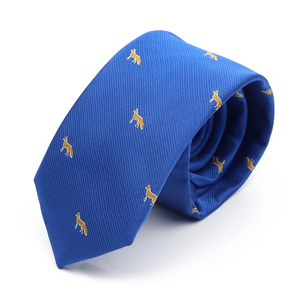 Skinny Polyester Blue Tie w / Gold Leopard 