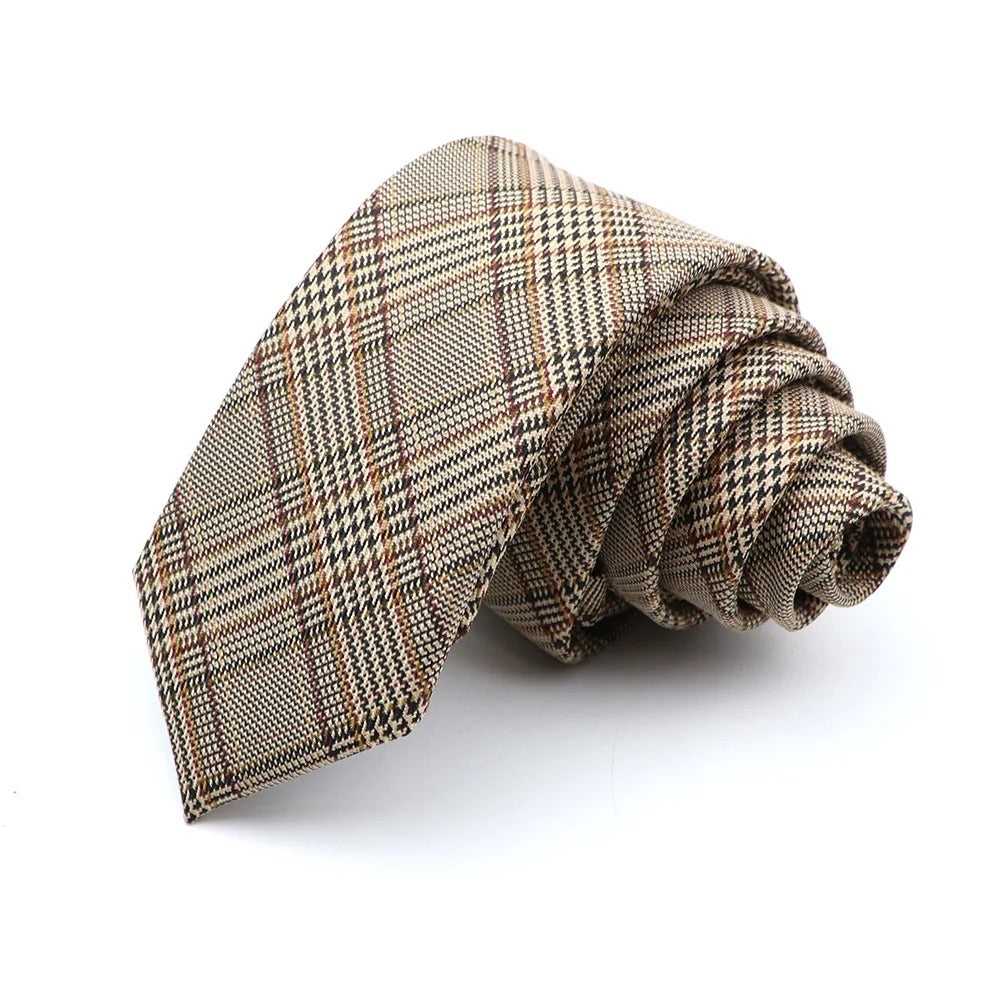 Light Brown Plaid Skinny Cotton Blend Tie 