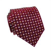 Burgundy, Silver & Gold Geometric Foulard Patterned Silk Tie