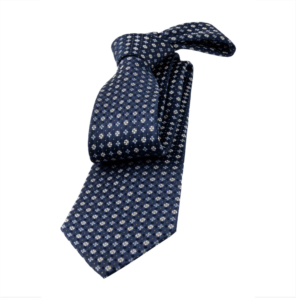 Navy, Silver & Light Blue Geometric Foulard Patterned Silk Tie
