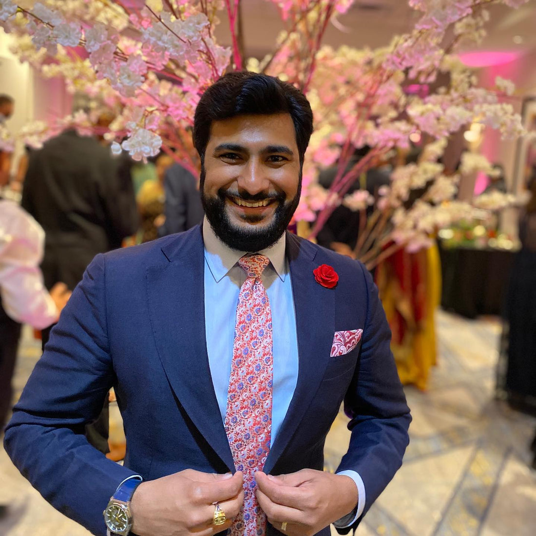 Cream, Blue & Red Floral Silk Tie 