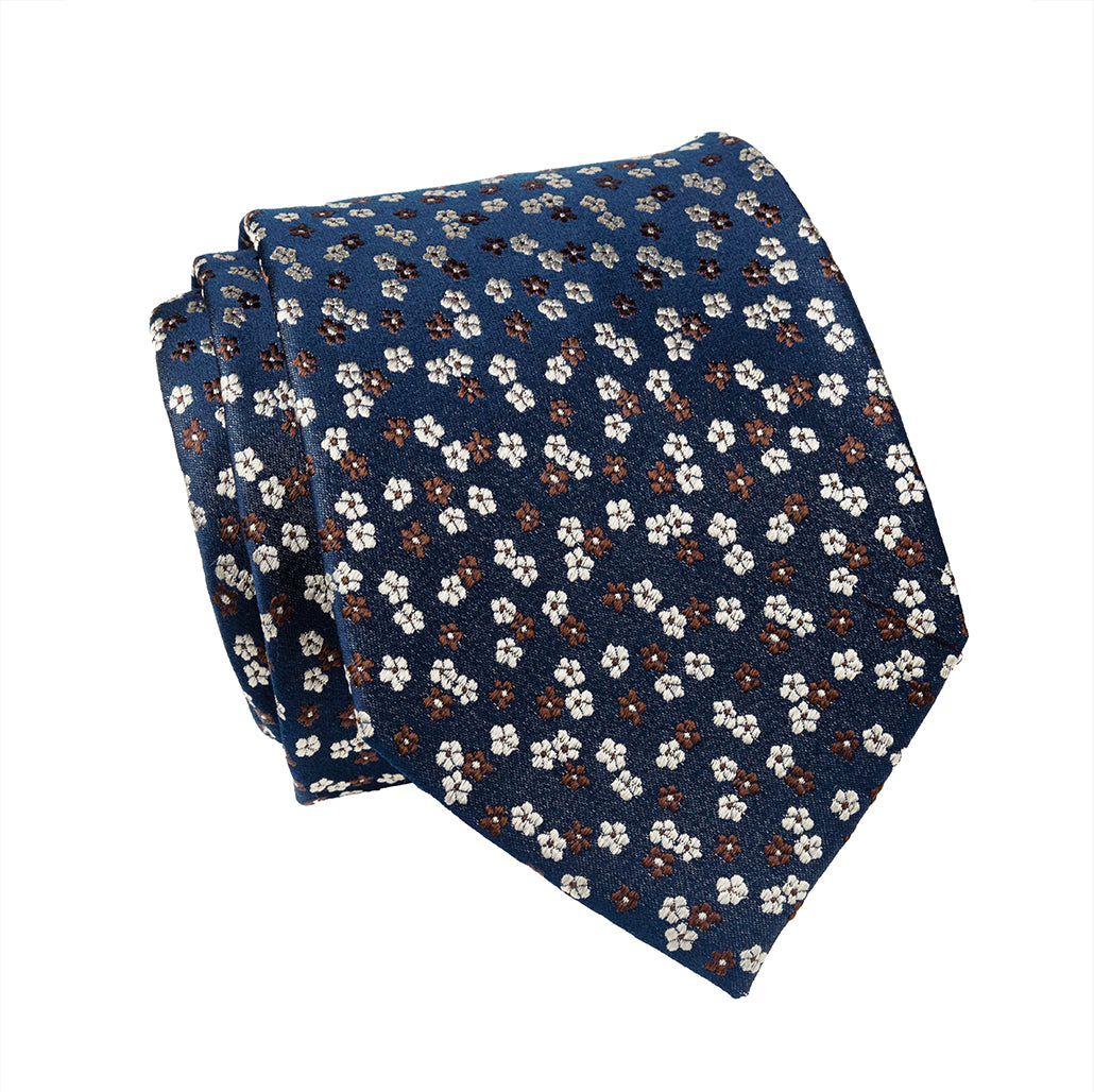 Navy, Brown & Silver Floral Silk Tie | Wedding Floral Silk Tie 