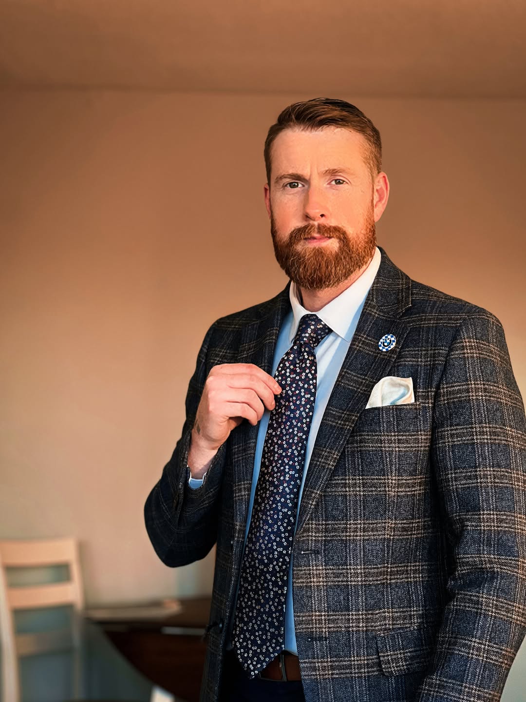 Navy, Red & Silver Floral Silk Tie