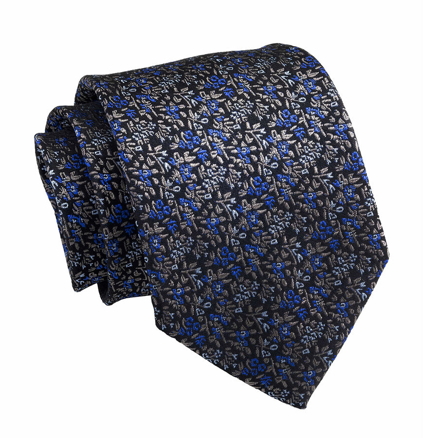 Black, Blue & Light Brown Floral Silk Tie 