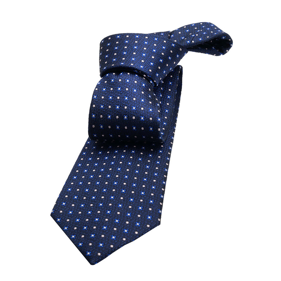 Navy, Blue & Silver Geometric Foulard Pattern Silk Tie 