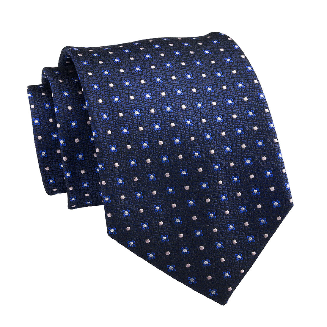 Navy, Blue & Silver Geometric Foulard Pattern Silk Tie 