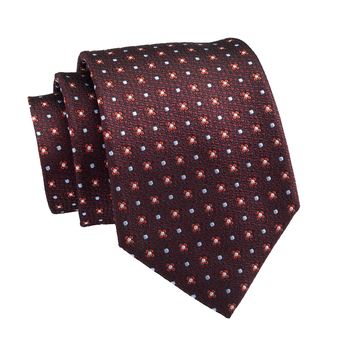 Burgundy, Red & Light Blue Geometric Foulard Pattern Silk Tie 