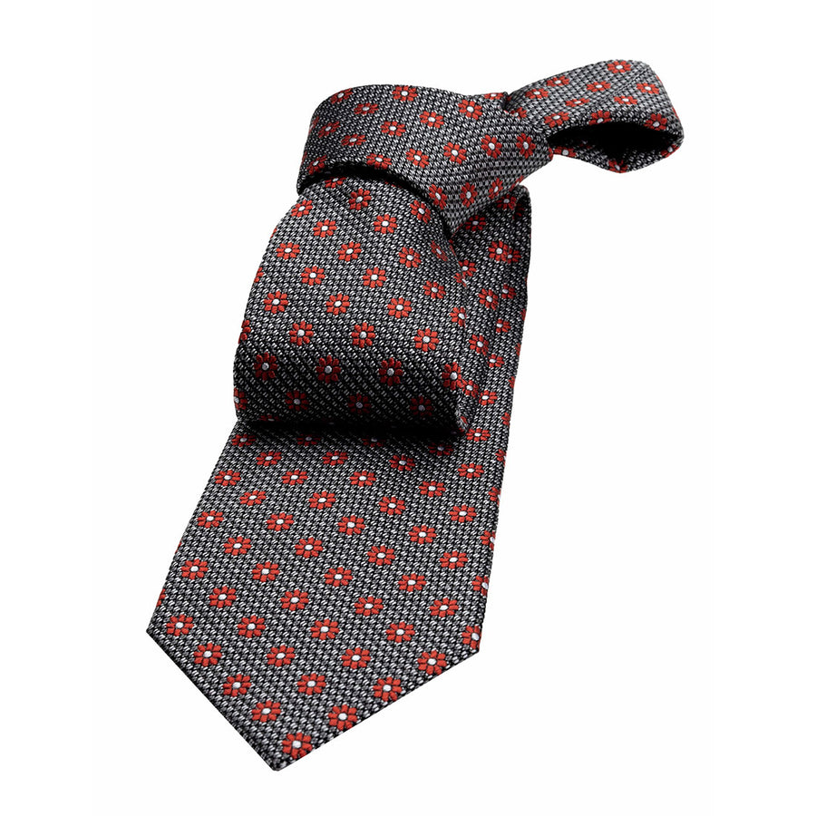 Grey & Red Geometric Foulard Pattern Silk Tie 