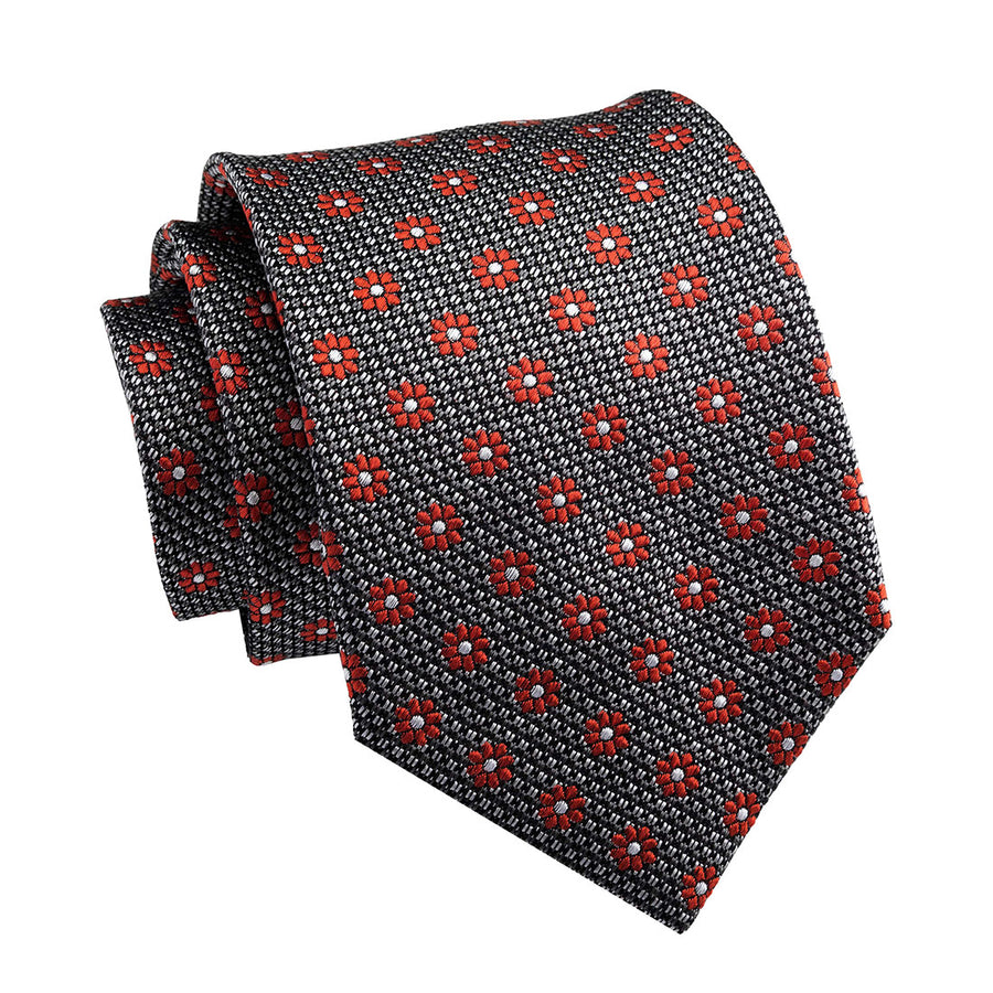 Grey & Red Geometric Foulard Pattern Silk Tie 