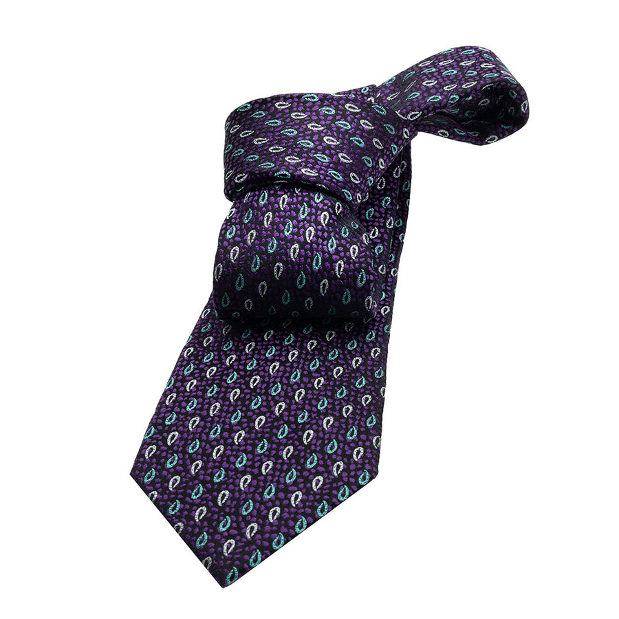 Purple, Turquoise & Silver Paisley Geometric Foulard Silk Tie 