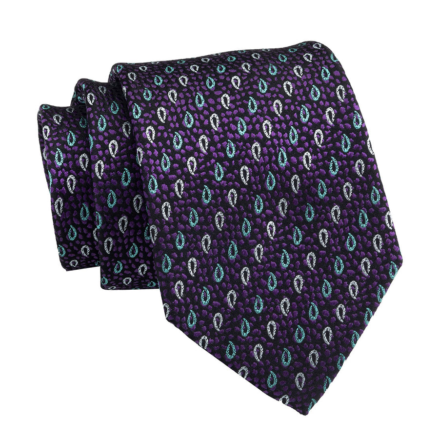 Purple, Turquoise & Silver Paisley Geometric Foulard Silk Tie 