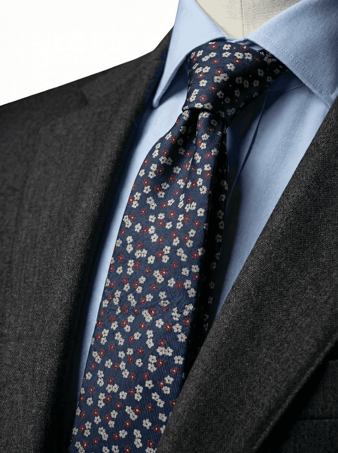 Navy, Red & Silver Floral Silk Tie | Wedding Floral Silk Tie 