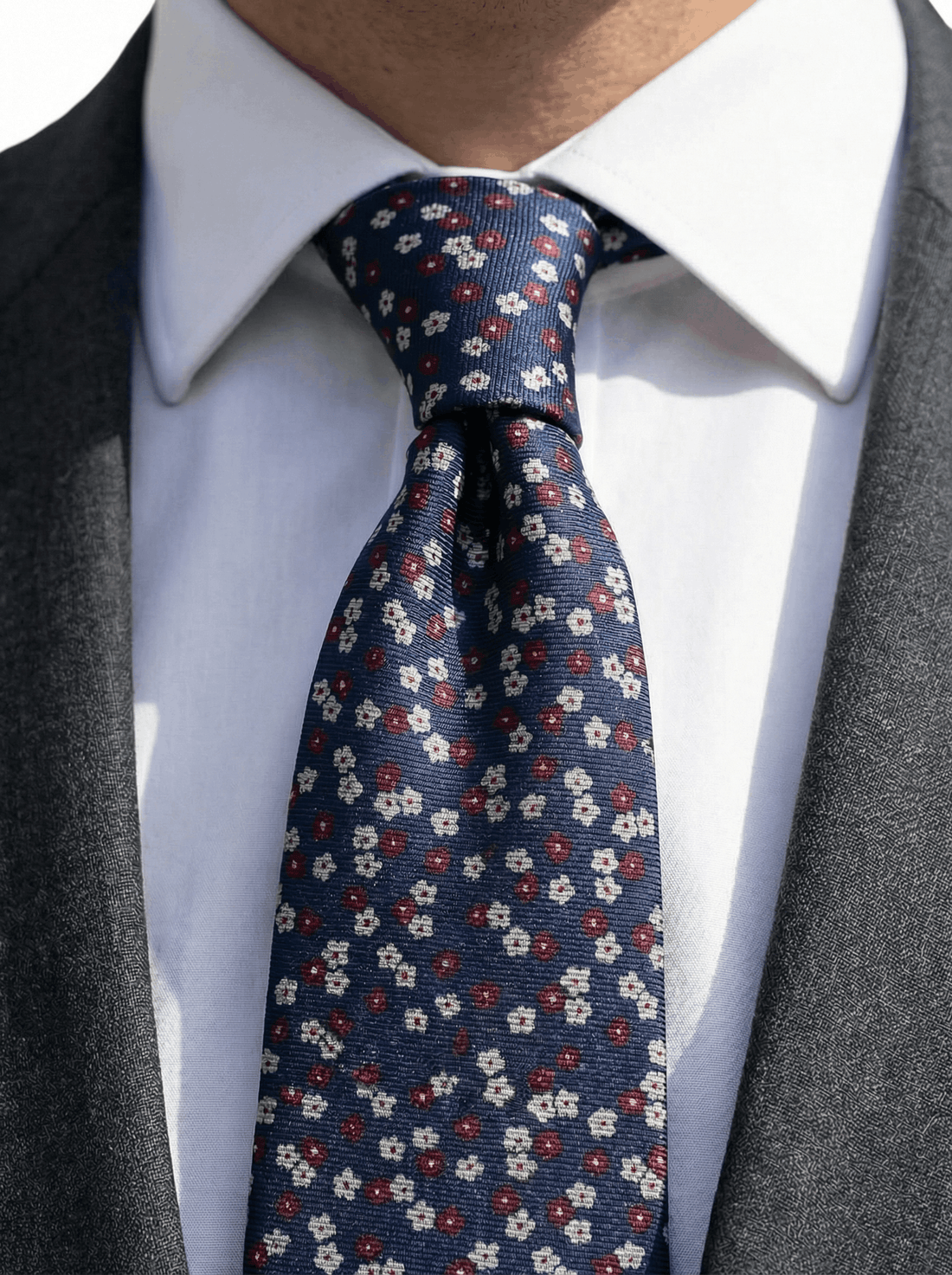 Navy, Red & Silver Floral Silk Tie | Wedding Floral Silk Tie 