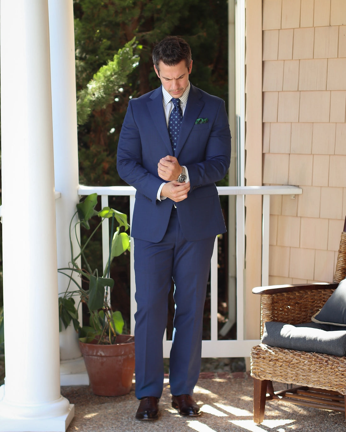 Navy, Turquoise & White Geometric Foulard Patterned Silk Tie 