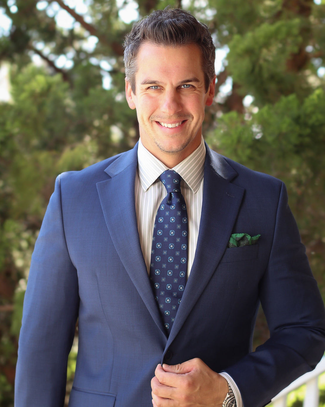 Navy, Turquoise & White Geometric Foulard Patterned Silk Tie 