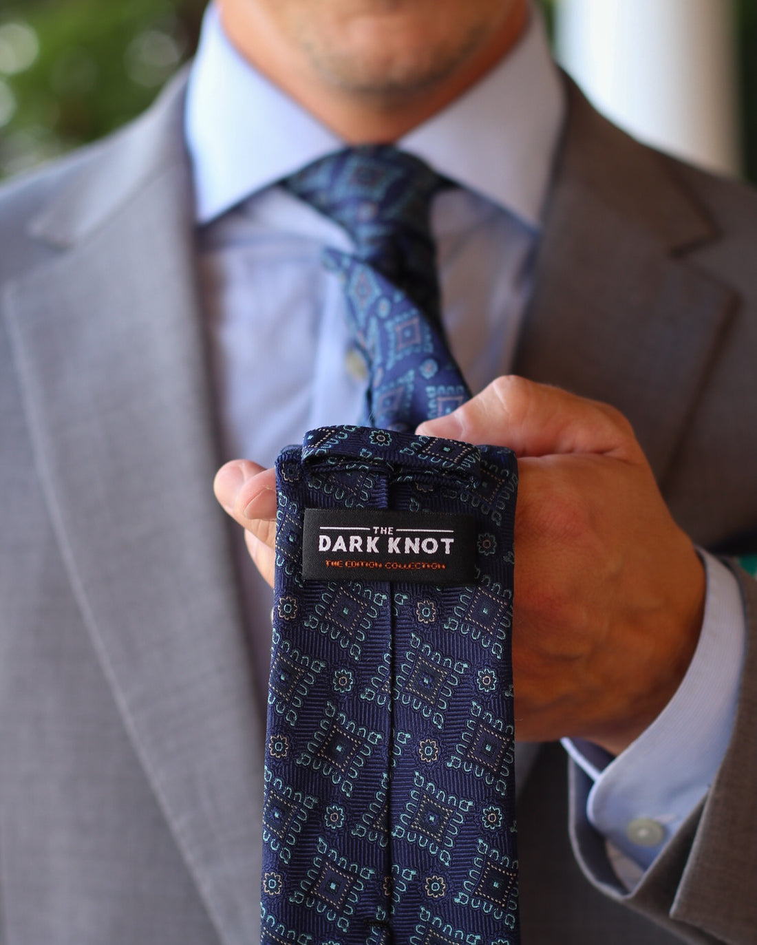 Navy, Turquoise & White Geometric Foulard Patterned Silk Tie 