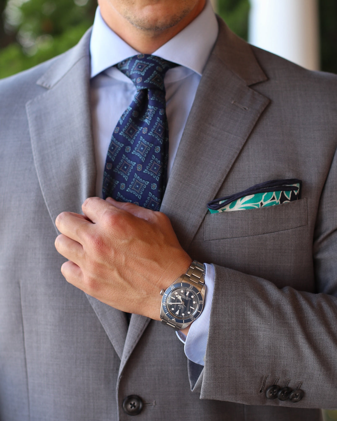 Navy, Turquoise & White Geometric Foulard Patterned Silk Tie & Navy & Turquoise Floral Linen Pocket Square