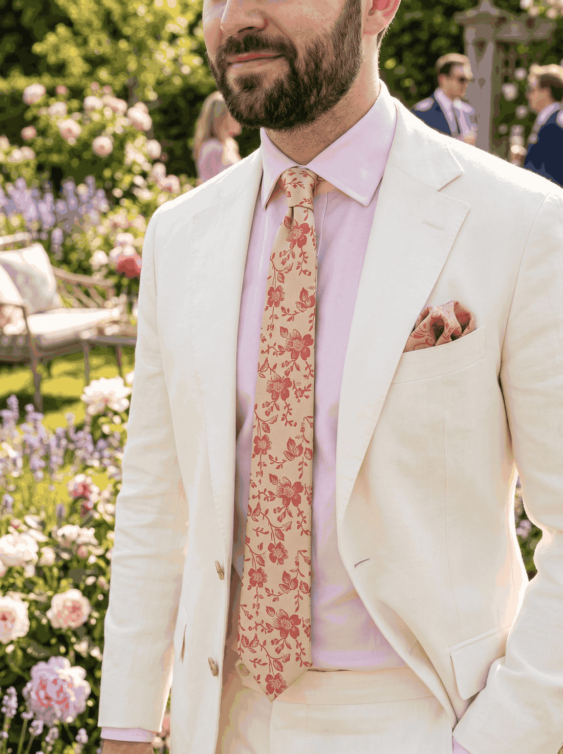 Cream & Red Skinny Floral Polyester Tie