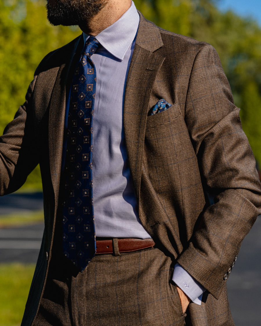 Navy & Bronze Geometric Foulard Silk Tie