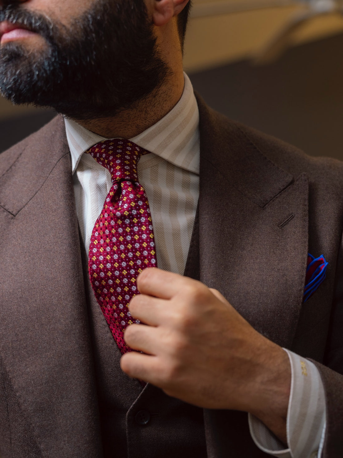 Burgundy & Silver Geometric Foulard Patterned Silk Tie 