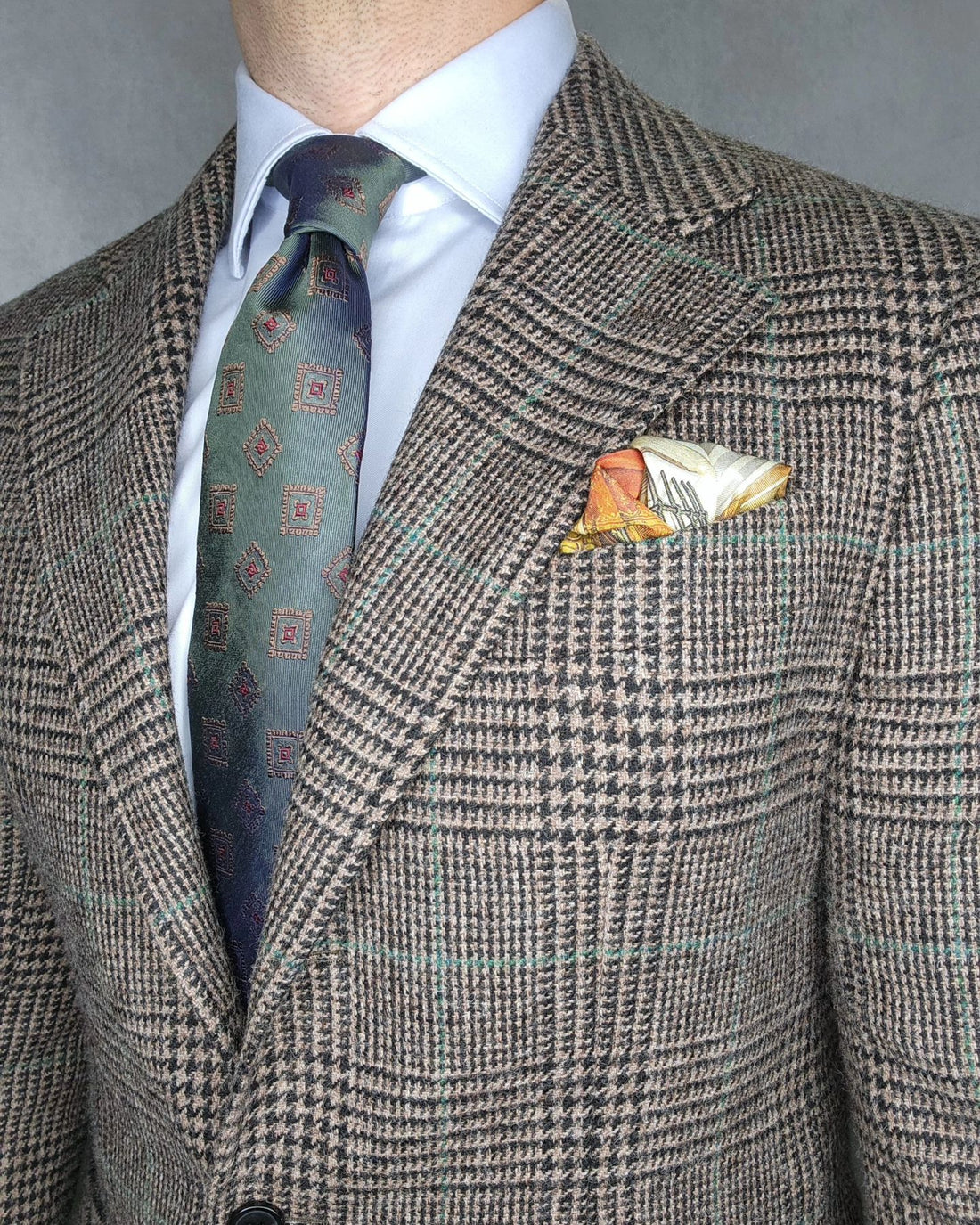 Geometric Foulard Pattern Olive Green & Bronze Silk Tie 