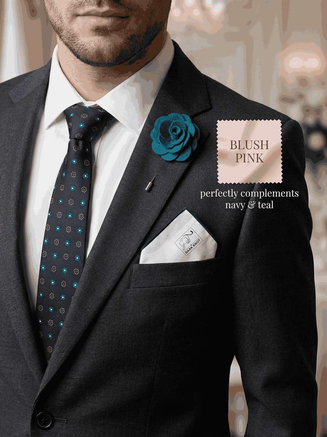 Men's Wedding Groom & Groomsmen Set | Turquoise & Navy Ties & Accessories Matching Blush Pink Wedding Theme Color