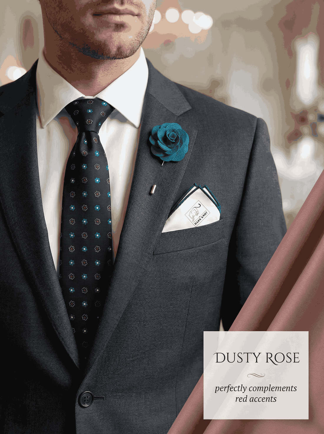 Men's Wedding Groom & Groomsmen Set | Turquoise & Navy Ties & Accessories Matching Dusty Rose Wedding Theme Color 