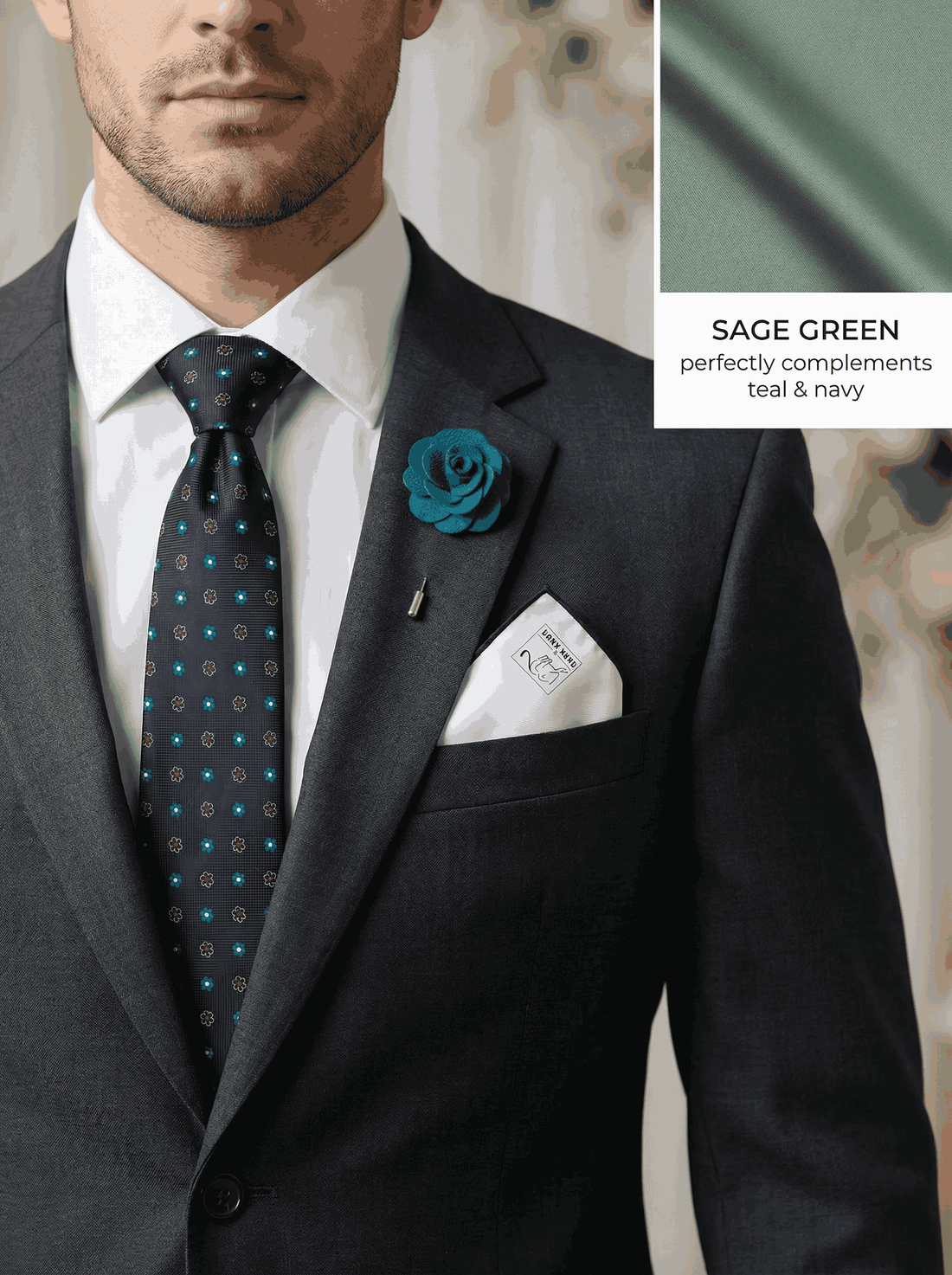 Men's Wedding Groom & Groomsmen Set | Turquoise & Navy Ties & Accessories Matching Sage Green Wedding Theme Color 