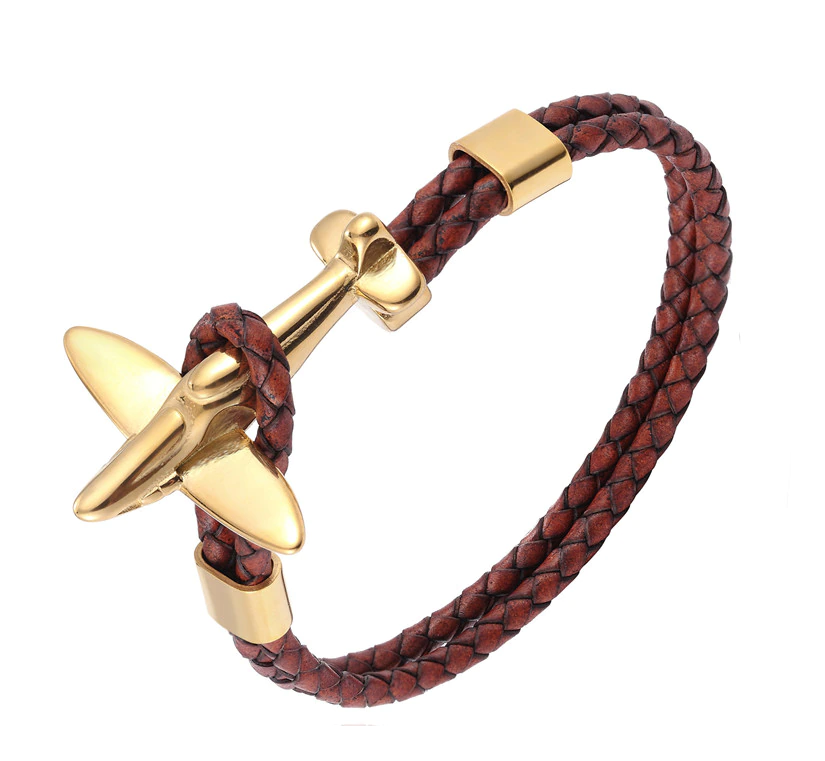 Coffee Leather Airplane Clasp Bracelet