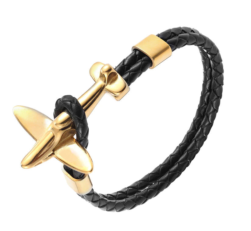 Black Leather Airplane Clasp Bracelet