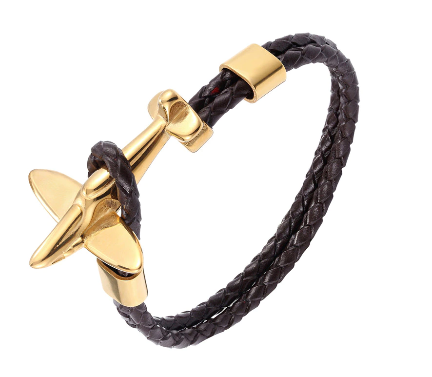 Airplane clasp brown leather bracelet